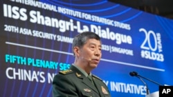 Chinese Defense Minister Gen. Li Shangfu delivers a speech on the last day of the 20th International Institute for Strategic Studies (IISS) Shangri-La Dialogue, Asia's annual defense and security forum, in Singapore, June 4, 2023.