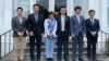 “台美国会议员联谊会”代表团在华盛顿双橡园合照，左起何志偉、江啟臣、劉世芳、陳以信、蔡適應及鄭正鈐。(2023年7月14日，美国之音锺辰芳拍摄）