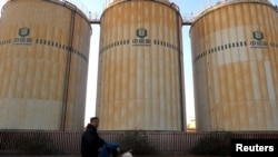FILE - Seorang pria bersepeda melewati fasilitas penyimpanan penimbun biji-bijian milik negara China, Sinograin dekat pelabuhan Tianjin, China, 12 Desember 2019. (REUTERS/Yilei Sun)