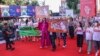 Supporters of Iran's women march at the Venice Film Festival in Venice, Italy, Sept. 2, 2023. This year's festival also saw the world premiere of 'Tatami,' a thriller co-directed by Iranian and Israeli filmmakers and shot in secret to prevent possible interference by Tehran.
