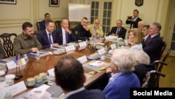 In a photo posted Sept. 24, 2023, to his Telegram channel, Ukrainian President Volodymyr Zelenskyy meets with American business leaders.