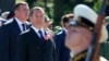 Russian Security Council Deputy Chairman and former President Dmitry Medvedev, second left, takes part in events marking Victory Day over Japan at the end of World War II, at a memorial in Yuzhno-Sakhalinsk, Russia, Sept. 3, 2023. (Ekaterina Shtukina/Sputnik pool photo via AP)