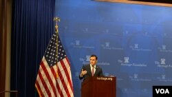 共和党联邦众议员加拉格尔（Rep. Mike Gallagher, R-WI）2022年10月18日在传统基金会发表演说，担忧中共二十大后习近平将对台湾采取更强硬行动。（美国之音记者李逸华拍摄）