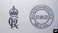 The new cypher of Britain's King Charles III in the Court Post Office at Buckingham Palace, London, Sept. 27, 2022. 