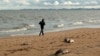 FILE - A person jogs past dead seals washed up on the coast of the Caspian Sea in Makhachkala, Russia, Dec. 6, 2022. One impact of the sea's shrinking is on the habitat for seals and sturgeons. The dropping water levels have also hurt local residents' livelihoods.