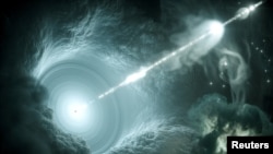 This artist's impression of the active galactic nucleus shows the supermassive black hole at the center of the accretion disk sending a narrow high-energy jet of matter into space, perpendicular to the disc in this image by Science Communication Lab in Kiel, Germany, released on July 12, 2018. In a study published in the journal Science, researchers have determined that a supermassive black hole like this one is the source of high-energy neutrinos detected on Earth.