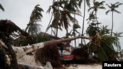 ডোমিনিকান প্রজাতন্ত্রের পুন্তা কানাতে হারিকেন ফিওনার তাণ্ডবের পর সমুদ্রতীরে ধ্বংসস্তূপের মধ্যে দাঁড়িয়ে আছে একজন ব্যক্তি। ১৯ সেপ্টেম্বর, ২০২২। 