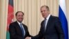 Russian Foreign Minister Sergey Lavrov, right, and his Afghan counterpart Salahuddin Rabbani shake hands after their meeting in Moscow, Russia, on Tuesday, Feb. 7, 2017. 