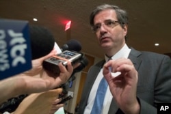 France's Ambassador to the United Nations Francois Delattre speaks to reporters as he arrives for a Security Council consultation, Feb. 13, 2017, at U.N. headquarters.