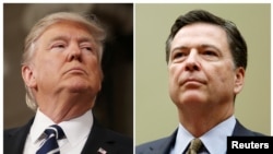 FILE - A combination photo shows U.S. President Donald Trump (L) in the House of Representatives in Washington, U.S., on Feb. 28, 2017 and FBI Director James Comey in Washington on July 7, 2016. 