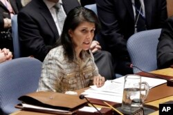 United States U.N. Ambassador Nikki Haley delivers remarks in the United Nations Security Council, Feb. 21, 2017.