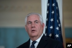 FILE - Secretary of State Rex Tillerson speaks during his meeting with Belgian Foreign Minister Didier Reynders at the State Department in Washington, Wednesday, Nov. 1, 2017.