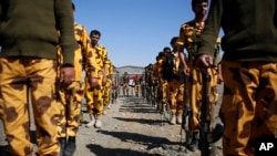 Shi'ite fighters, known as Houthis, stand at attention as they parade during a tribal gathering showing support for the Houthi movement in Sana'a, Yemen, Monday, Dec. 14, 2015.