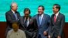 Leaders of Association of Southeast Asian Nations (ASEAN) from left, Malaysian Prime Minister Najib Razak, Sultan of Brunei Hassanal Bolkiah, Cambodian Prime Minister Hun Sen, and Indonesian President Joko Widodo walk back to their seats after posing for a group photo during the opening ceremony of the 25th ASEAN summit at Myanmar International Convention Center in Naypyitaw, Myanmar, Wednesday, Nov. 12, 2014.(AP Photo/Gemunu Amarasinghe)