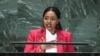 Mayada Adil, Young Leader for the Sustainable Development Goals, speaks at the opening session of the second Sustainable Development Goals Summit in New York City on September 18, 2023, ahead of the 78th UN General Assembly.