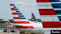 FILE - A member of a ground crew walks past American Airlines planes parked at the gate during the coronavirus disease (COVID-19) outbreak at Ronald Reagan National Airport in Washington, Apr. 5, 2020. 
