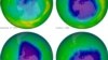 This undated image provided by NASA shows the ozone layer over the years, Sept. 17, 1979, top left, Oct. 7, 1989, top right, Oct. 9, 2006, lower left, and Oct. 1, 2010, lower right. 