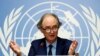 FILE - U.N. Special Envoy for Syria Geir Pedersen gestures during a news conference ahead of a meeting of the Syrian Constitutional Committee at the United Nations in Geneva, Aug. 21, 2020. 