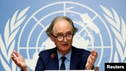 FILE - U.N. Special Envoy for Syria Geir Pedersen gestures during a news conference ahead of a meeting of the Syrian Constitutional Committee at the United Nations in Geneva, Aug. 21, 2020. 