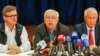 From right, Council of Europe head Thorbjorn Jagland, Russian presidential human rights ombudsman Vladimir Lukin and Donetsk governor Serhiy Taruta attend a news conference in Donetsk, Ukraine, Saturday, May 3, 2014.