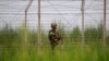 An Indian Border Security Force soldier patrols near the India-Pakistan international border area at Gakhrial boder post in Akhnoor sector, about 48 kilometers from Jammu, Oct. 1, 2016. 