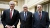 The Joint Special Representative for Syria Lakhdar Brahimi (C) stands with Russian Deputy Foreign Minister Mikhail Bogdanov (R) and U.S. Deputy Secretary of State William Burns as they meet at the United Nations European headquarters in Geneva, Switzerland, January 11, 2013. 