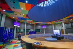 European Council President Charles Michel participates in a videoconference at the European Council building in Brussels, Nov. 10, 2020.
