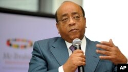 FILE - Mo Ibrahim a speaks to the media during the announcement of the recipient of The Ibrahim Prize for Achievement in African Leadership in London, October 2008.