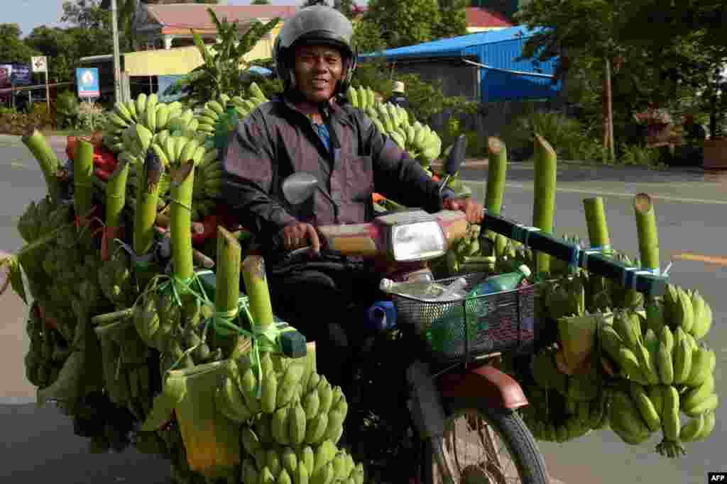 បុរសជនជាតិកម្ពុជាម្នាក់ជិះម៉ូតូមួយដែលពោរពេញដោយផ្លែចេកតាមផ្លូវមួយនៅជាយក្រុងភ្នំពេញកាលពីថ្ងៃទី៣០ តុលា ២០១៧។