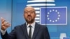 European Council President Charles Michel gestures as he speaks at a video press conference in Brussels, Belgium, Aug. 19, 2020.