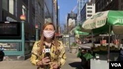  La periodista Celia Mendoza, de la Voz de América, graba un reportaje en el centro de Nueva York, en la esquina entre la Calle 34 y la 8ª Avenida, tras entrevistar a vendedores ambulantes.