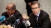 FILE - Bernardino Leon, right, the U.N. special envoy for a Libya, addresses Libyan political leaders and rivals in Algiers; at left is Algeria's minister of African and Maghreb affairs, Abdelkader Messahel, March 10, 2015. 