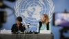 Wan Hea-Lee, left, country director of the Office of the High Commissioner for Human Rights (OHCHR) and Rhona Smith, the U.N.'s Special Rapporteur to Cambodia, talk to reporters at a press conference at the OCHR office in Phnom Penh, Cambodia, August 18, 2017. (Neou Vannarin/VOA Khmer)